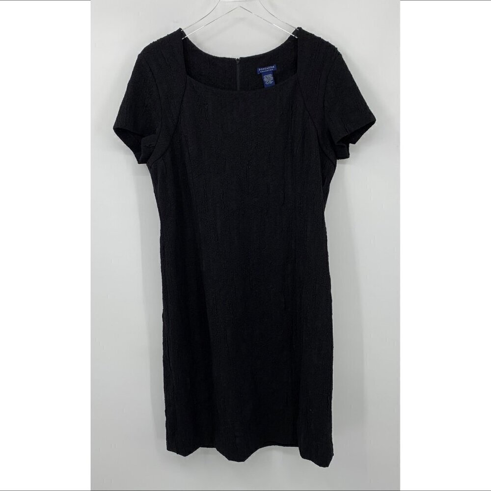 Doncaster shift sheath dress textured black knit stretch short sleeve slit 16